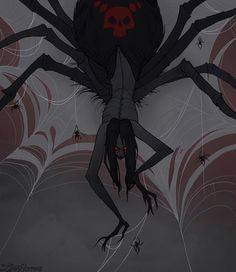 a drawing of a spider with red eyes on it's back legs and arms