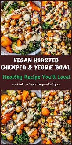 healthy recipe for vegan roasted chickpea and veggie bowl with text overlay