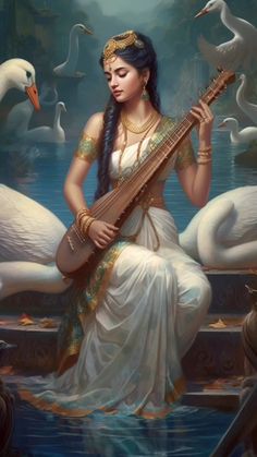 a woman sitting on top of a body of water holding a musical instrument