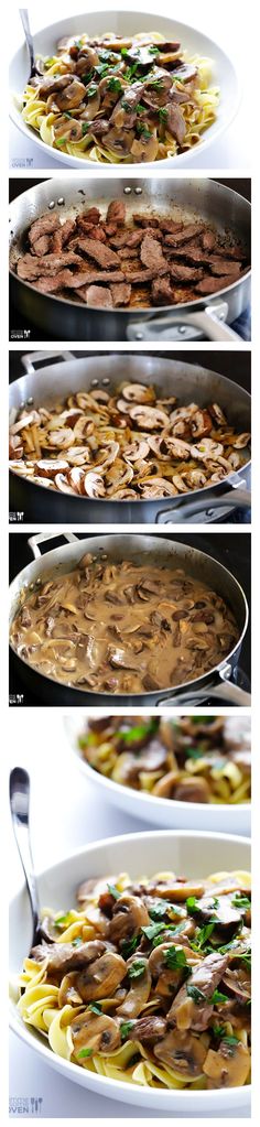 the steps in how to make an italian dish with pasta, mushrooms and sauces