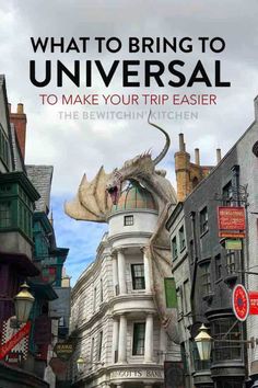 the cover of what to bring to universal to make your trip easier, with an image of a dragon on top of a building