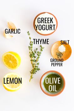 lemons, garlic, thyme, olive oil and greek yogurt labels