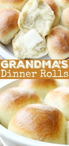 bread rolls with butter on top in a white bowl and the words make ahead dinner rolls