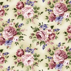 a floral pattern with pink roses and blue flowers on a cream background, suitable for wallpaper or upholstering