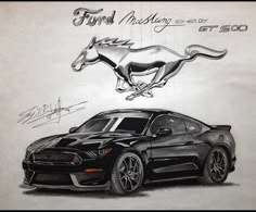 a drawing of a mustang car with the word ford mustang on it