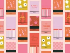 an image of a wallpaper pattern with flowers and cards in pink, orange, yellow and green