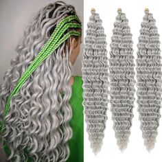 PRICES MAY VARY. Ocean Wave Crochet Hair Materials：The Grey deep wave crochet hair is crafted from high quality synthetic fiber,the ocean wave braiding hair is very soft,light,full and looks natural,no chemical smell and will not cause allergies and skin itching. ocean wave crochet hair very close to human hair. Deep Wave Hair Color : Ocean wave crochet hair is color:1B,4#,350#,613#,GREY,T27/613,Tblue,Tpurple,Tbug,from natural shades to bold and vibrant hues,choose your color, allows you to expr Hair For Goddess Braids, Goddess Braids Crochet, Boho Crochet Braids, Deep Wave Crochet Hair, Curly Braiding Hair, Curly Crochet Hair, Skin Itching, Ocean Wave Crochet Hair, Conditioner Curly Hair