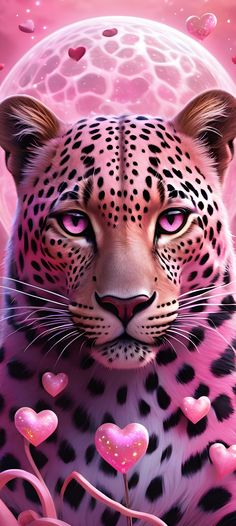 a pink and black leopard with hearts around it