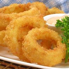 onion rings with dipping sauce and parsley on a white plate, ready to eat