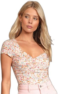 Casual Printed Fitted Short Sleeve Bodysuit, Casual Fitted Printed Short Sleeve Bodysuit, Casual Short Sleeve Elastane Bodysuit, Fitted Flirty Summer Top, Flirty Fitted Summer Tops, Casual Short Sleeve Elastane Bodysuit For Summer, Fitted Elastane Tops For Summer, Spring Floral Print Tops, Spring Floral Print Elastane Tops