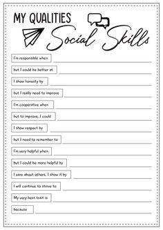 My Qualities Social Skills Worksheets Social Skills Interventions, Social Work Skills, Social Skills Therapy Activities, Sel Worksheets For Middle School, Vision Worksheet, Free Counseling Worksheets, Therapy Homework Assignments, Sel Worksheets, Therapy Activities For Teens