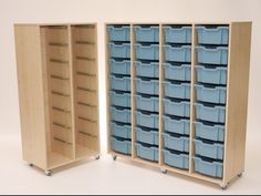 two wooden storage cabinets filled with blue bins