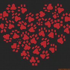 a cross stitch pattern with hearts and paw prints in red on black, for valentine's day