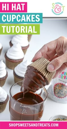 chocolate cupcakes are being dipped with icing and sprinkles