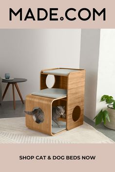 a cat sitting in a wooden box on the floor next to a table and chair