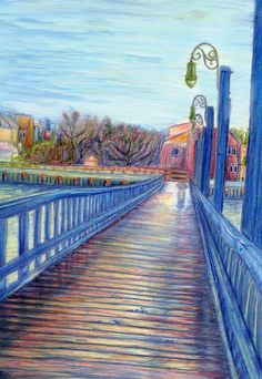 a painting of a person walking on a bridge