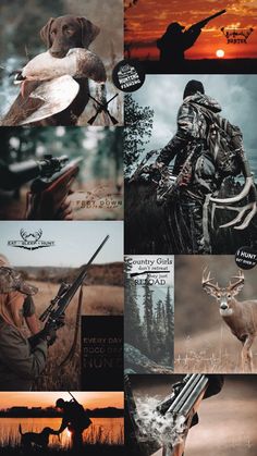 a collage of different pictures with animals and people in them, including deer hunting