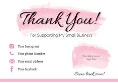 a pink thank card with the words thank you for supporting my small business on it