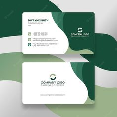 two business cards with green and white shapes on the front, one has an abstract design