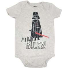 Your future Sith Lord is ready to celebrate their father in this adorable Star Wars bodysuit. Perfect for any Star Wars loving dad, this short-sleeve bodysuit features artwork of Darth Vader holding his red lightsaber on top of the words "My Dad Rules." Cute and comfortable, this bodysuit is soft on baby's skin and has lap shoulders and a 3-snap closure for quick diaper changes and easy dressing. Red Lightsaber, Star Wars Love, Bodysuit White, One Piece Clothing, Sith Lord, Soft Clothes, Star Wars Darth, Star Wars Darth Vader, Screen Printing Designs