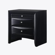 a black night stand with two drawers on one side and an open drawer on the other