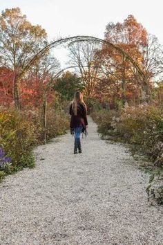 a woman is walking down a gravel path in the middle of an open area with flowers and trees