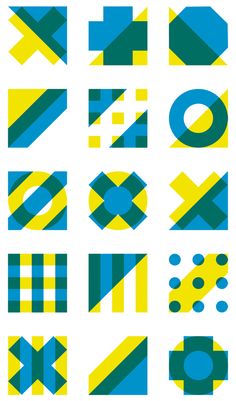 an abstract set of geometric shapes in blue, yellow and green on a white background