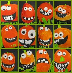 the pumpkins are made to look like they have mouths and teeth on them,