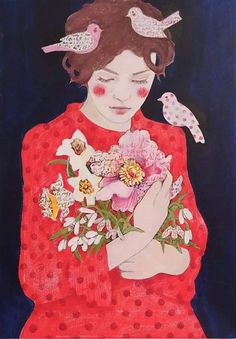 a painting of a woman holding flowers and birds