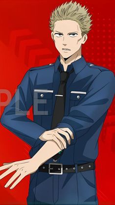 an anime character with blonde hair wearing a blue shirt and black tie, standing in front of a red background