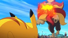 pokemon and pikachu are facing each other in front of a crowd