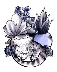 a drawing of a raccoon with flowers in it's head and on its back