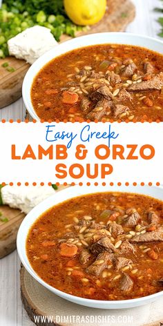 two bowls of easy greek lamb and orzo soup