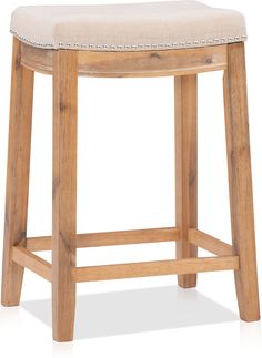 the backless stool is made from wood and has a beige upholstered seat