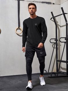 Black Sporty  Long Sleeve   Pants Embellished Medium Stretch  Men Activewear Male Sporty Outfits, All Black Gym Outfit Men, Men’s Workout Outfit, Mens Gym Outfits Workout Gear, Men’s Gym Wear Outfits, Men’s Gym Outfits Aesthetic, Athletic Sets, Mens Gym Outfits, Trainer Outfits