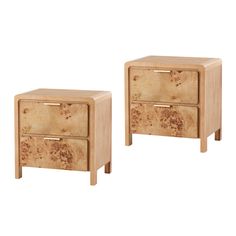 two wooden nightstands sitting next to each other