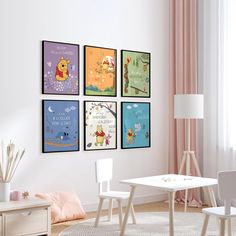 four winnie the pooh posters hanging in a child's room with pink curtains