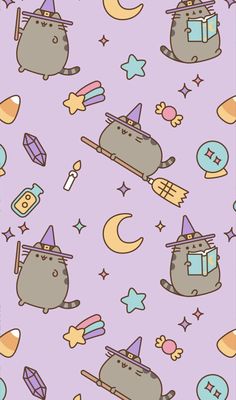 a purple background with cats, stars and other things on it's surface is shown