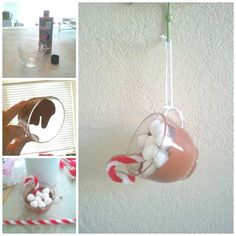 several different pictures with candy canes hanging from the ceiling