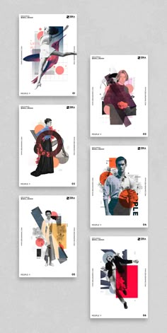 four posters with different colors and shapes on them, each featuring an image of a woman