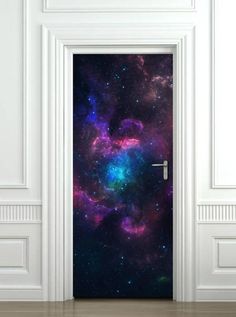 an open door with colorful galaxy in the background