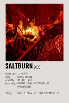 a movie poster for the film saltburn featuring two men sitting at a table in front of a fire