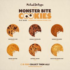 an advertisement for monster bite cookie cookies with different flavors and shapes, including chocolate chip