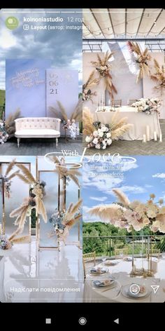 the wedding decoration is displayed in three different screens, including one with flowers and feathers on it