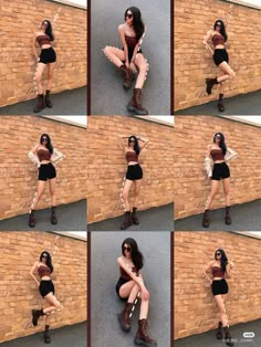 several photos of a woman in short shorts and boots posing for the camera with her hands on her hips