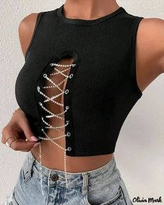 Color: black, Size: S Diy Vetement, Backless Crop Top, Ribbed Crop Top, Clothing Hacks, Black Crop Tops, Women Tops, Olivia Mark