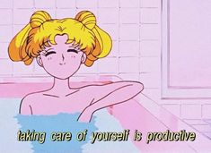 a cartoon girl taking a bath with her hair blowing in the wind and texting that reads, taking care of yourself is protective