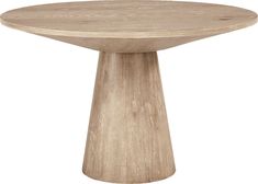 a round wooden table sitting on top of a white floor