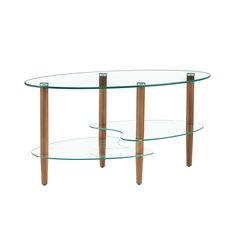 an oval glass table with wooden legs and two shelves on each side, against a white background