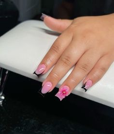 #nails #flowers #pink #french No French Tip Nail Designs, Nail Designs With White Tips, French Tip With Acrylic Flowers, French Nail Designs With Flowers, Pink French With Design, Simple Pink Birthday Nails, Short Squared Frenchies, Short French Tip With Flowers, French Tip With 3d Flower Design